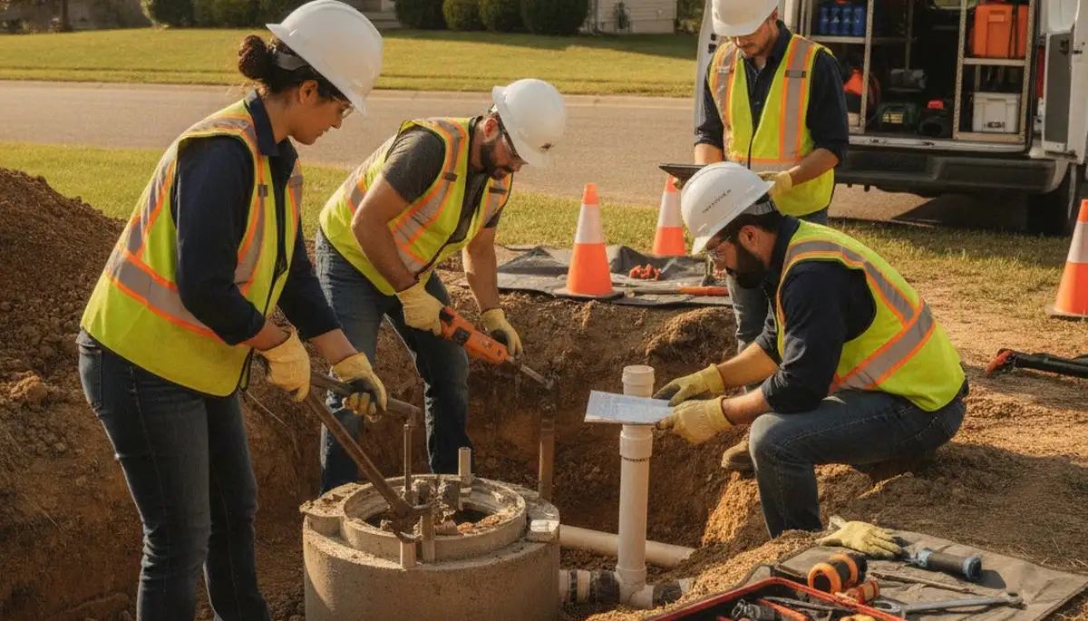 Tacoma, WA plumber inspecting septic repair for a home backup service call