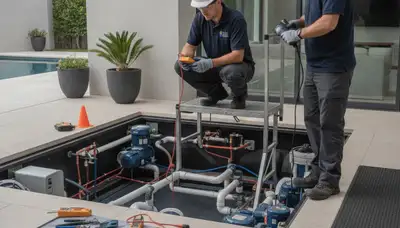 Tacoma, WA spa repair technician inspecting spa plumbing for home service