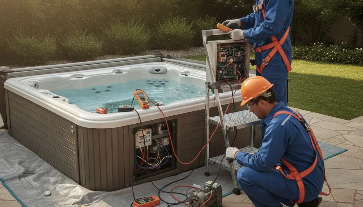 Tacoma, WA spa repair plumber servicing home spa system with professional plumbing tools