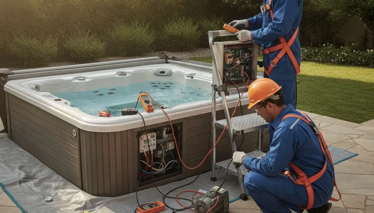 Tacoma, WA spa repair plumber servicing home spa system with professional plumbing tools